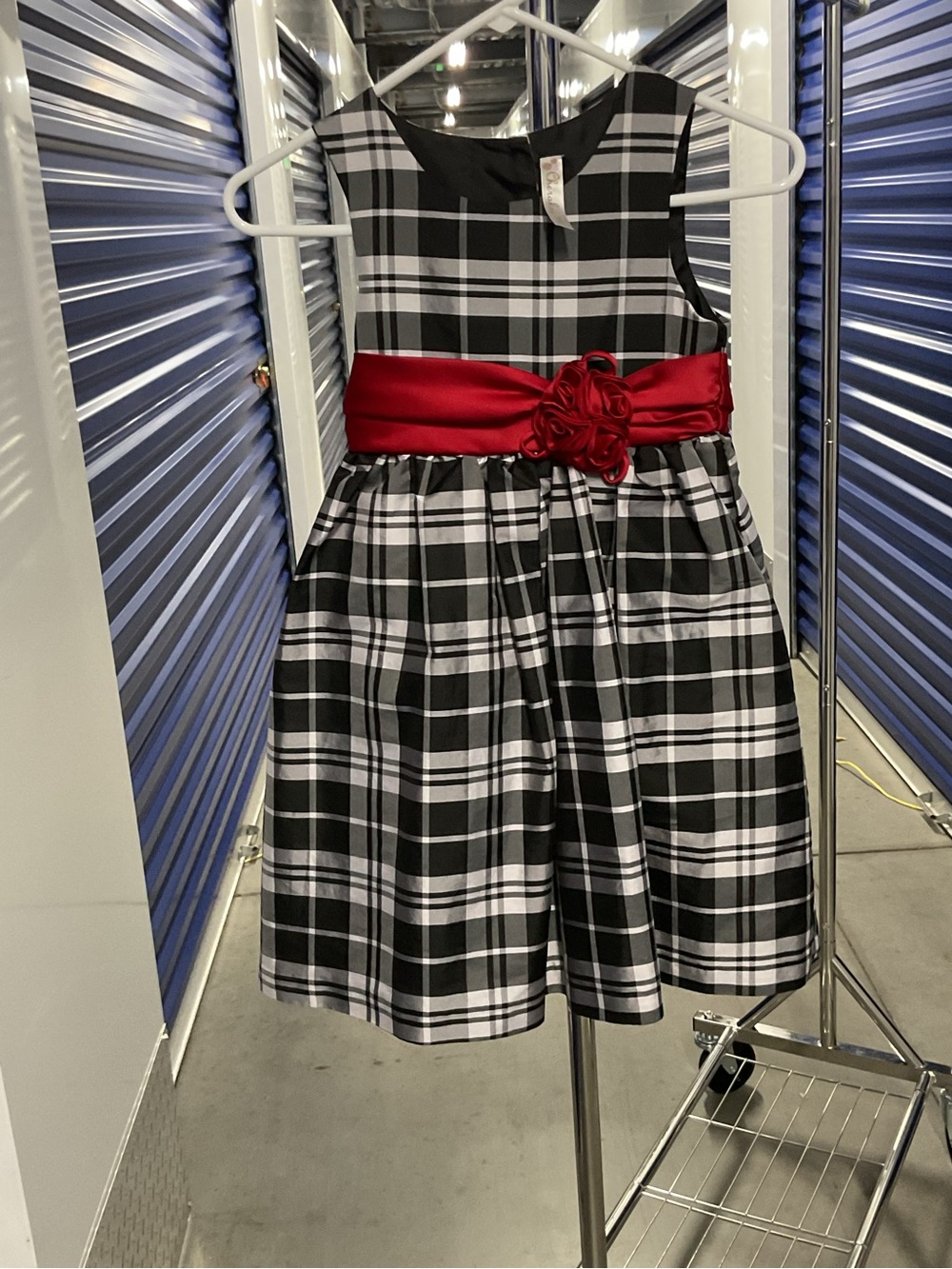 Cherokee Black & White Plaid Dress with Red Sash